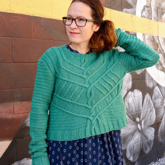 Female model wearing Assemblance by Amy Gunderson in Kelbourne Woolens Germantown