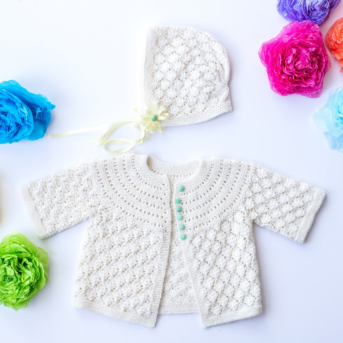 Kelbourne Woolens Patterns Lucille Baby Sweater and Bonnet Pattern